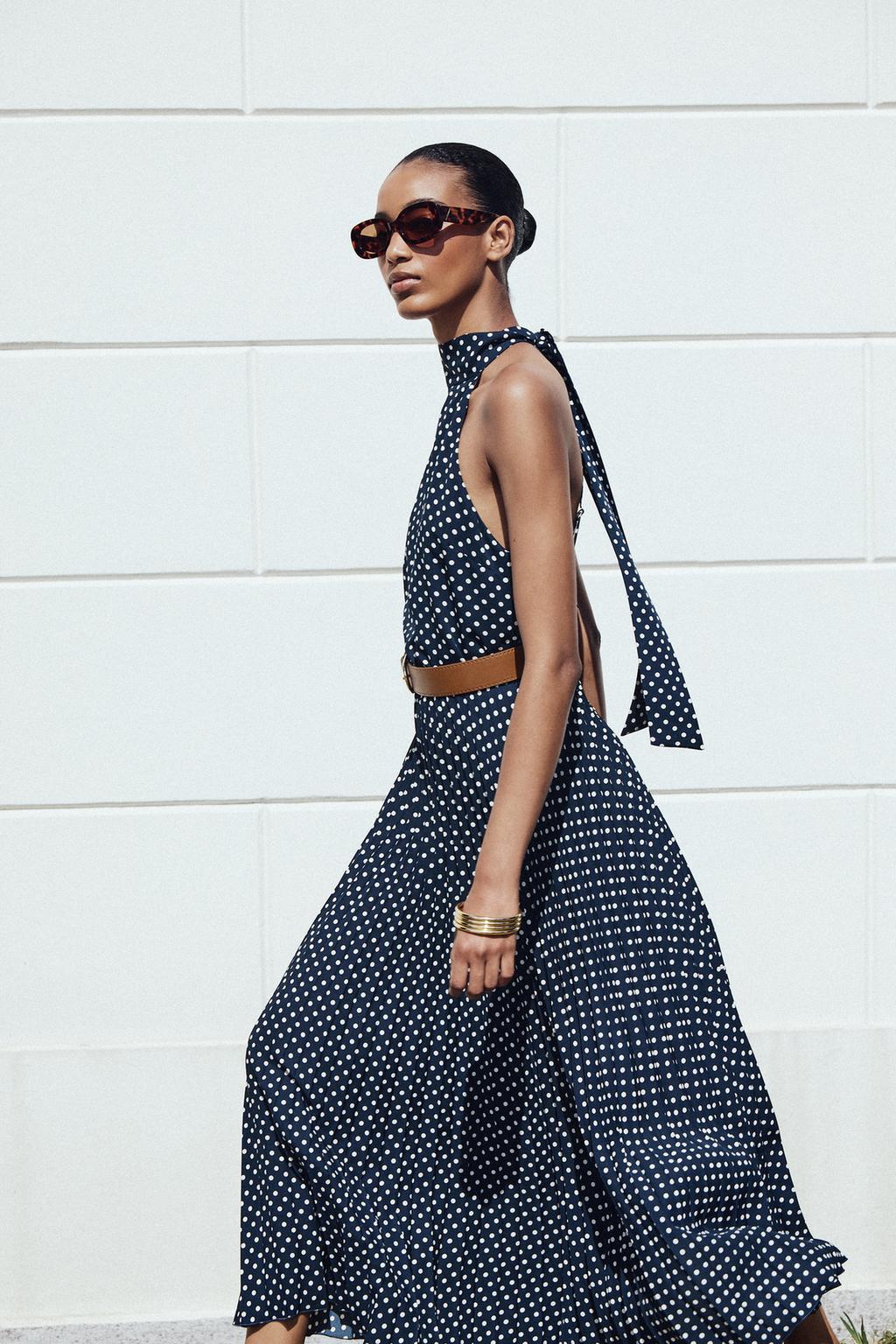 Mouni Roy Navy Retro Polka Halter Midi Dress with Belt