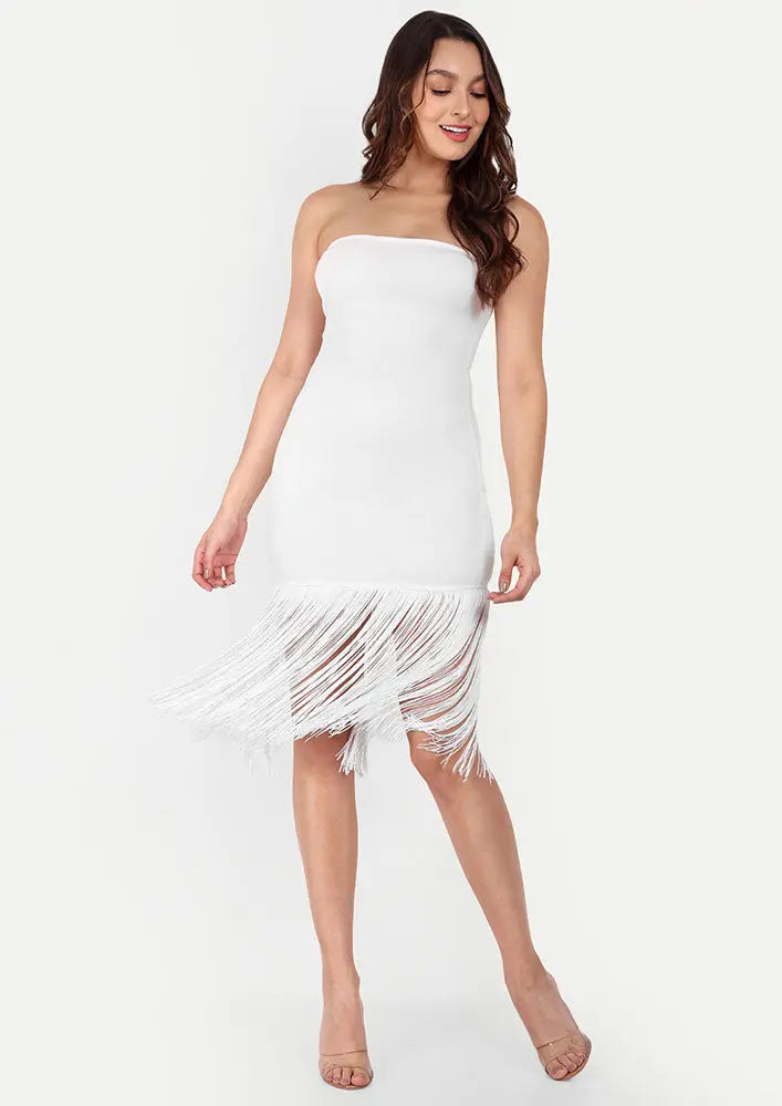 Jannat Zubair White Strapless Bodycon Mini Dress With Long Fringes