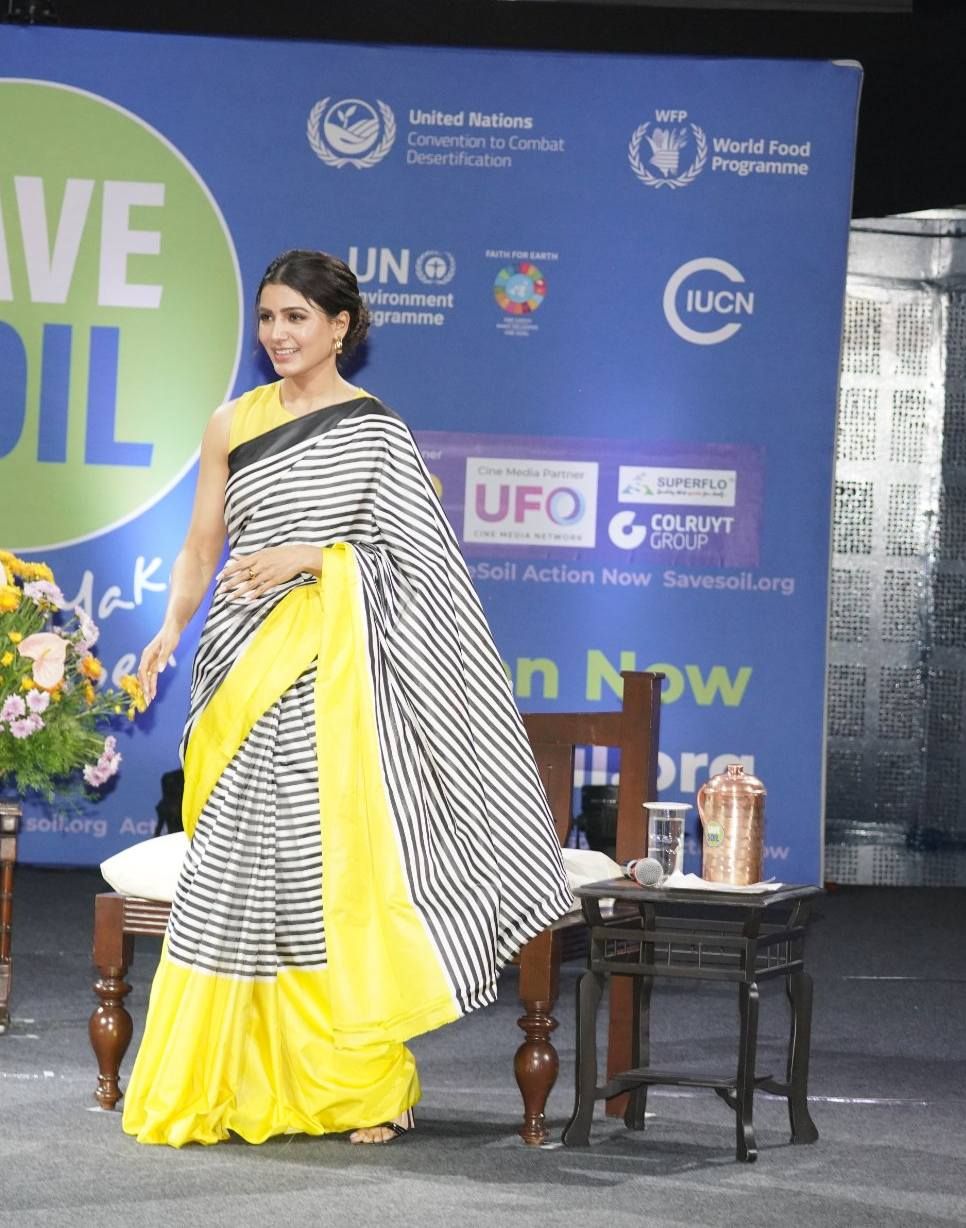 Samantha Ruth Prabhu inspired Sunbeam Stripes Fusion Saree