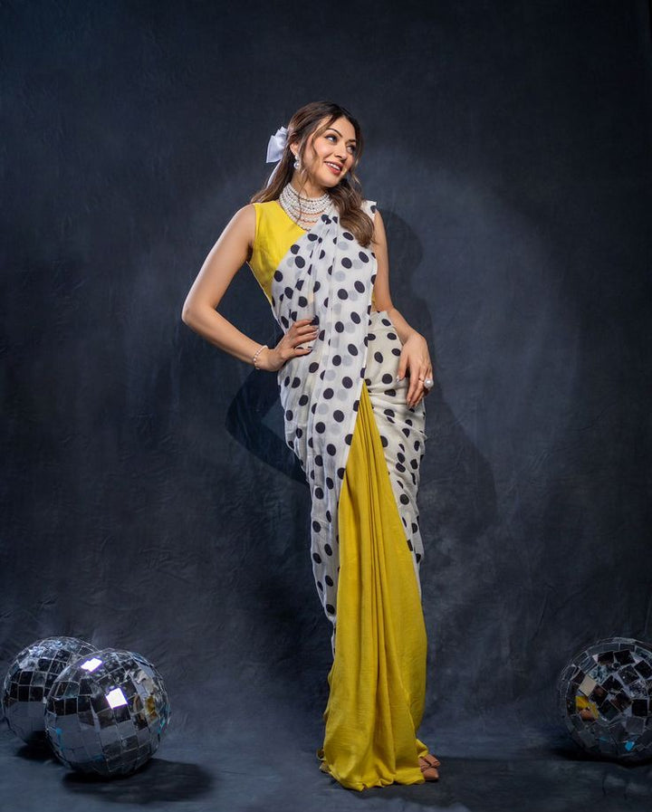 Hansika Motwani Polka Dot and Mustard Contrast Saree