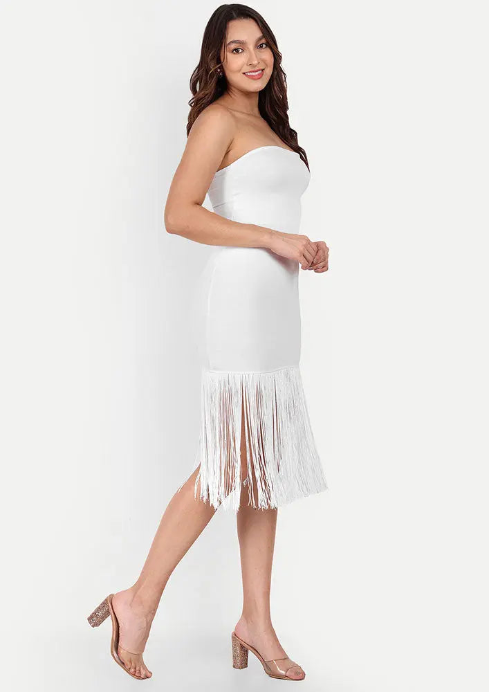 Jannat Zubair White Strapless Bodycon Mini Dress With Long Fringes