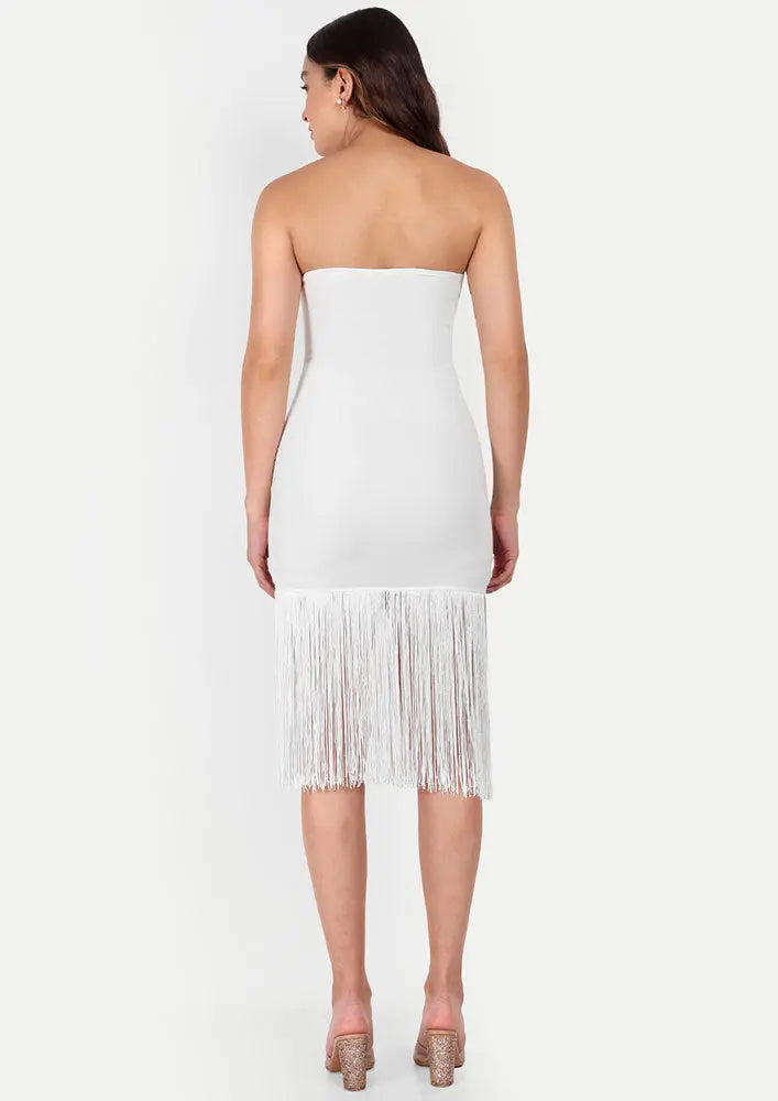 Jannat Zubair White Strapless Bodycon Mini Dress With Long Fringes