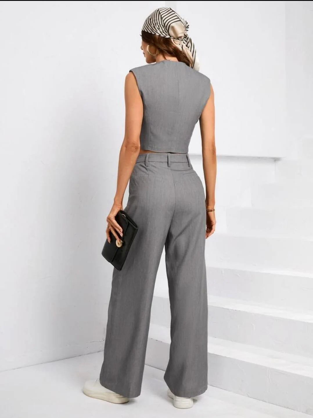 Kamiya Jani inspired Grey Sleeveless Vest &amp; Wide-Leg Pants Co-ord Set