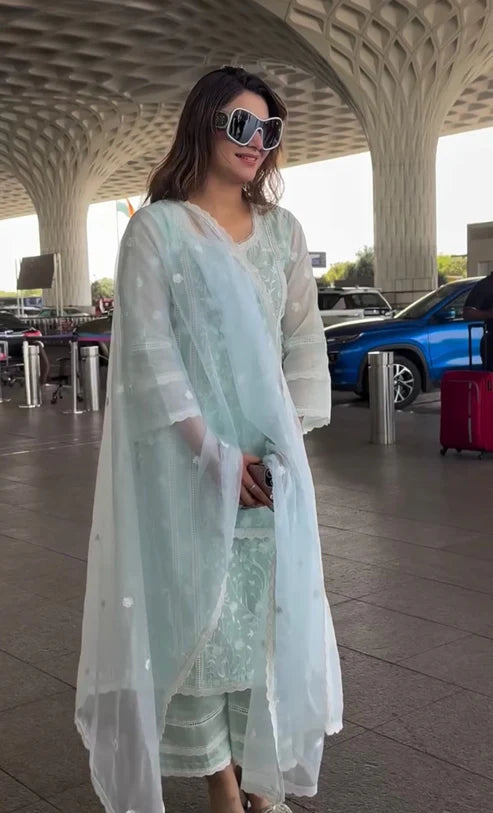 Urvashi Rautela Inspired Pastel Mint Embroidered Suit Set