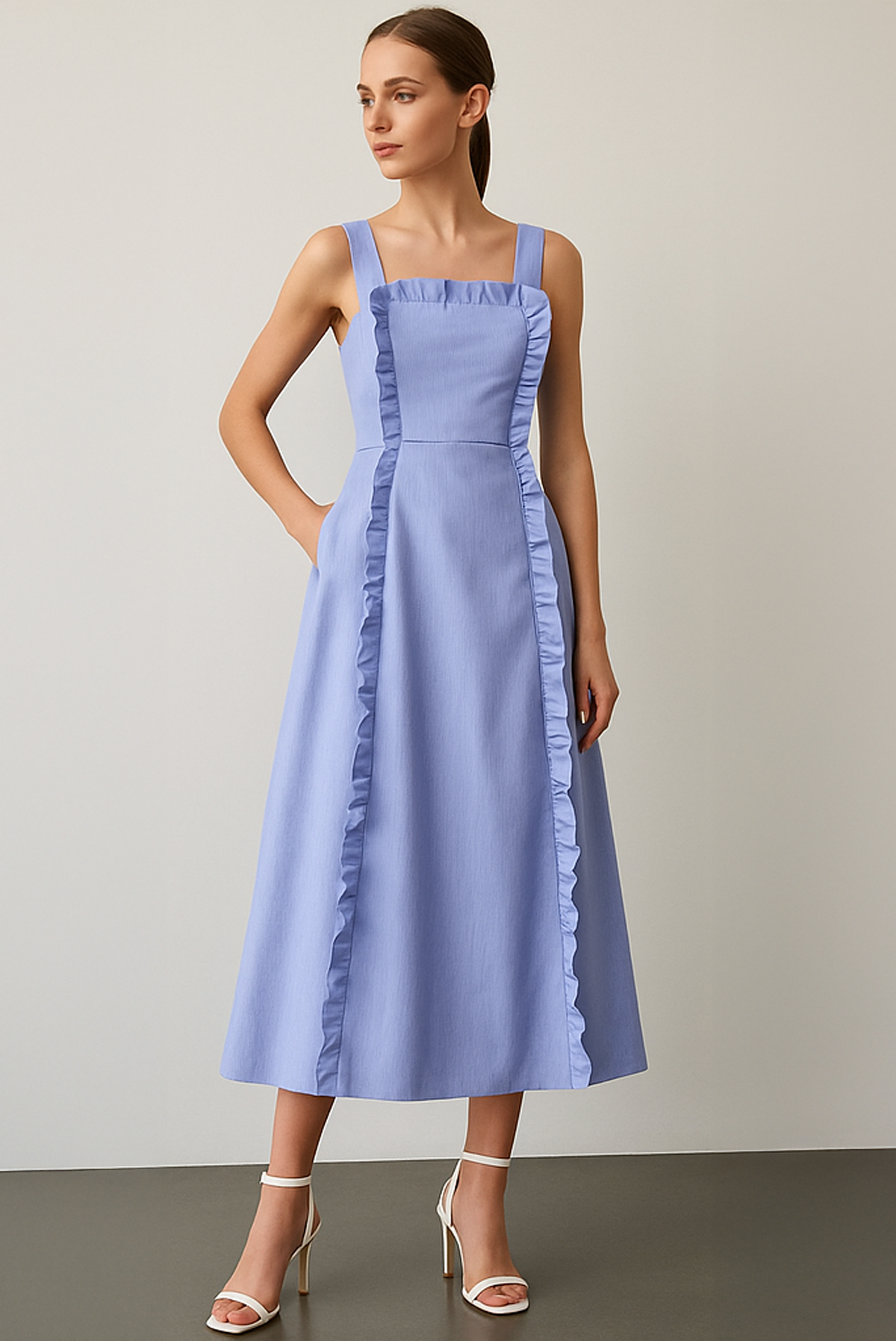 Ruffle Edge Powder Blue Midi Dress