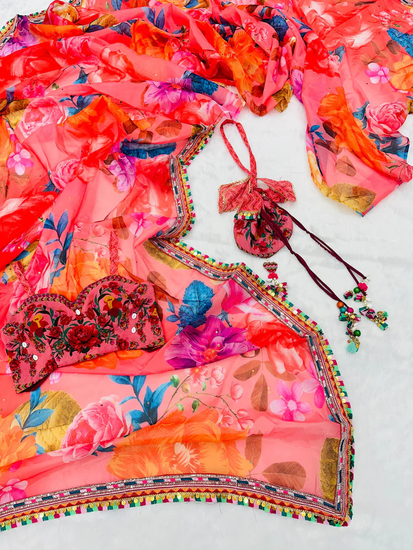 sara Ali Khan Inspired Bloom Streak – Multicolor Hand-Painted Floral Saree