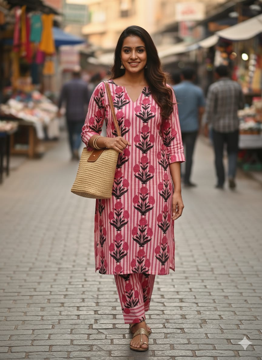 Farah Khan Inspired Blush Bloom Striped Kurta Set