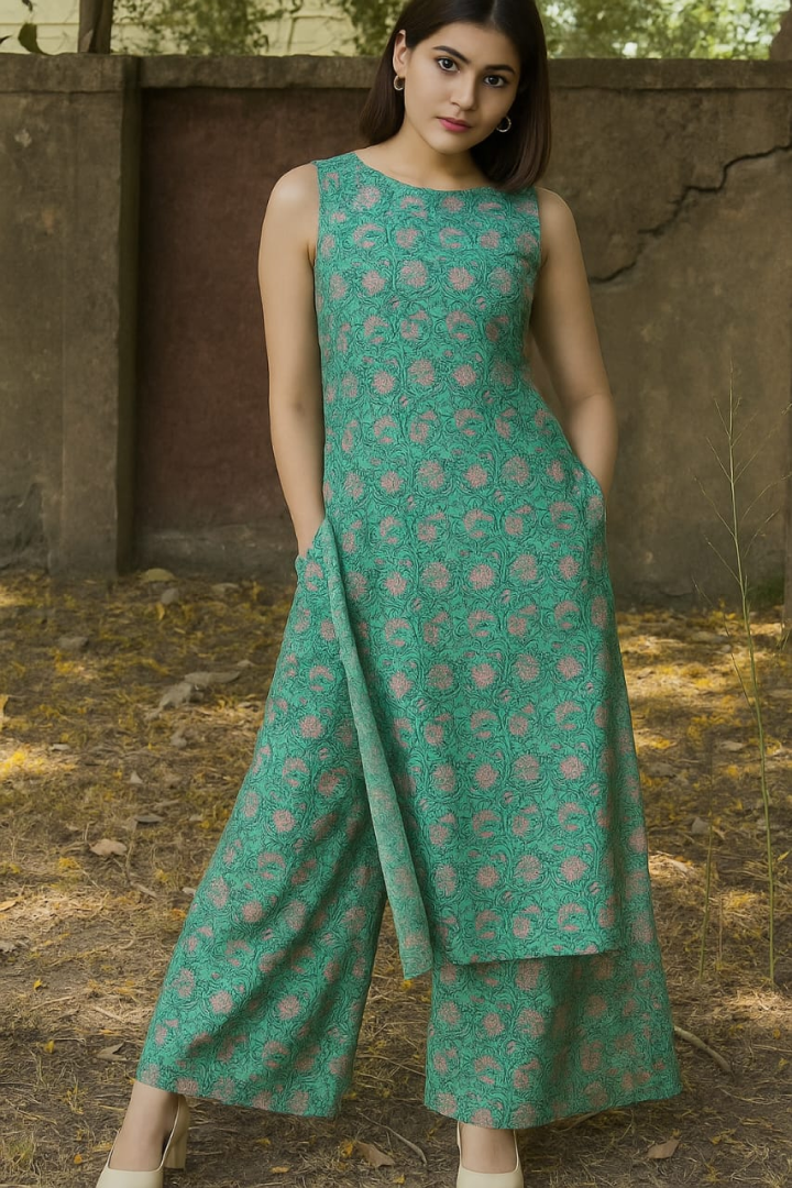 Meher Green Block-Print Palazzo Kurta Set