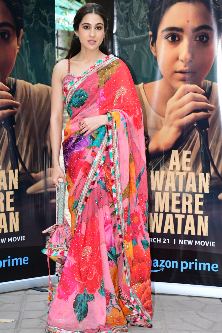 sara Ali Khan Inspired Bloom Streak – Multicolor Hand-Painted Floral Saree