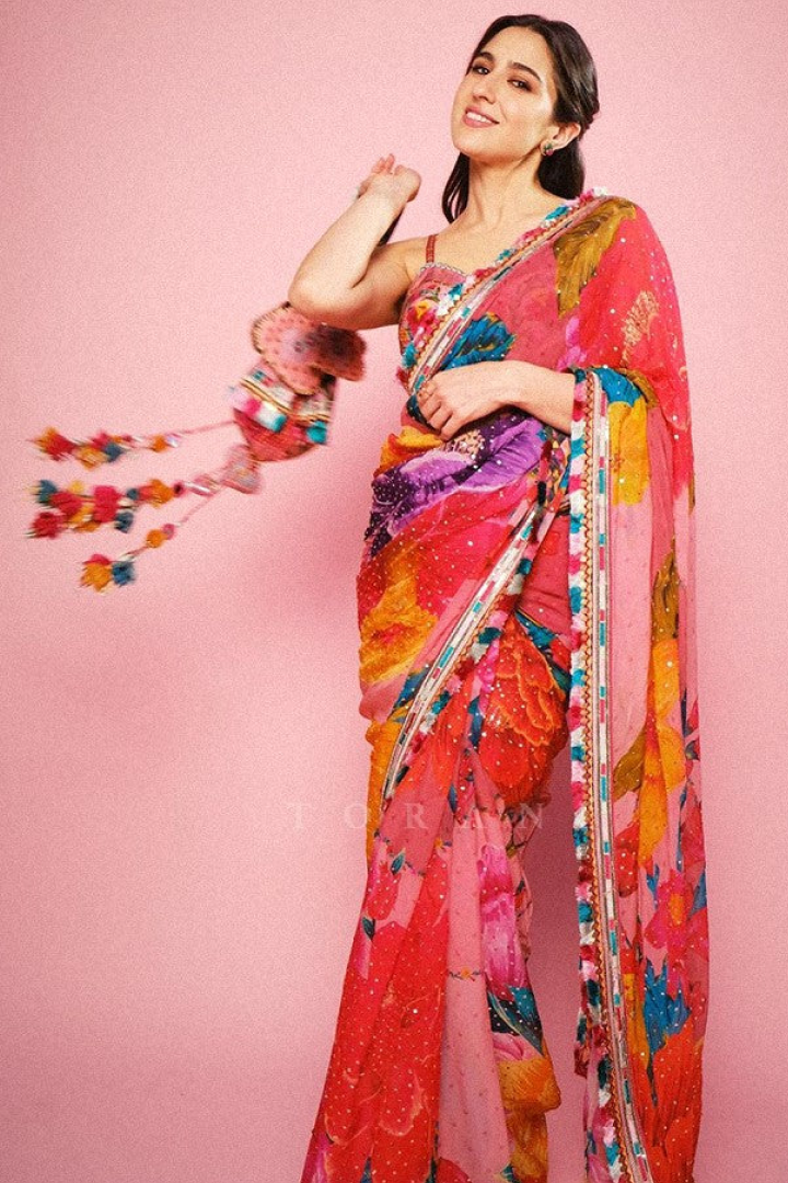 sara Ali Khan Inspired Bloom Streak – Multicolor Hand-Painted Floral Saree