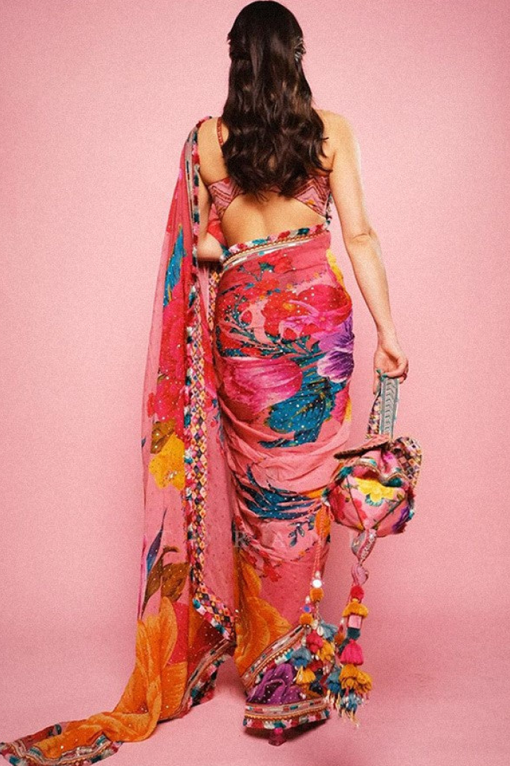 sara Ali Khan Inspired Bloom Streak – Multicolor Hand-Painted Floral Saree