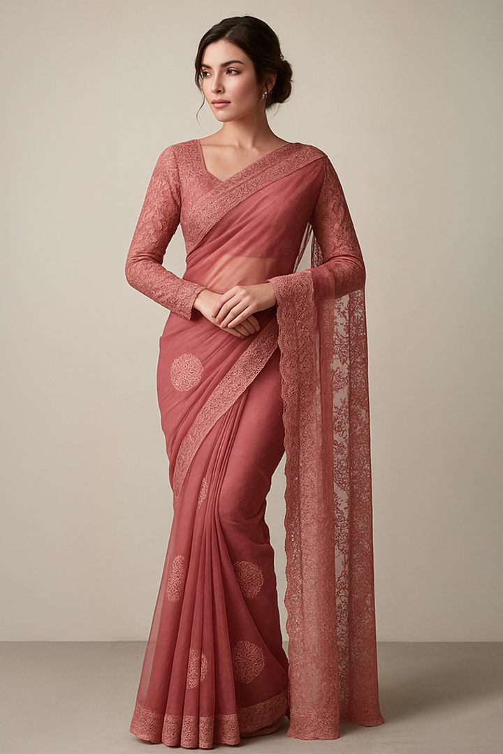 Rosé Empress Net Saree Ensemble
