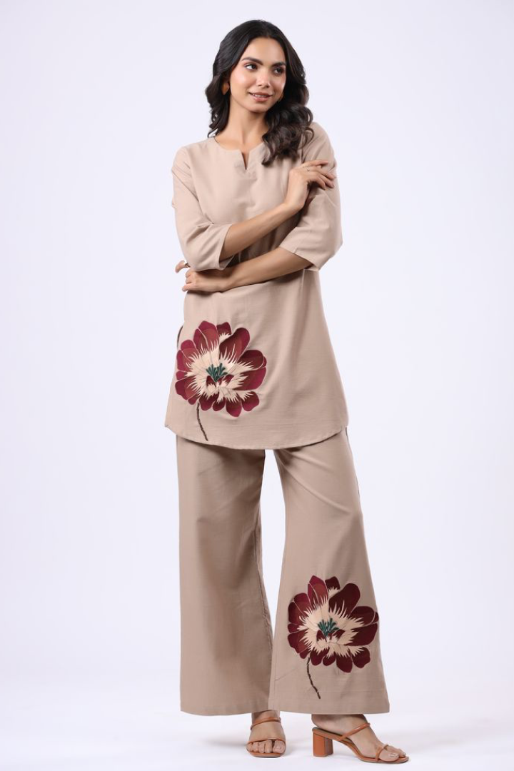 Beige Hand-Painted Floral Co-ord Set