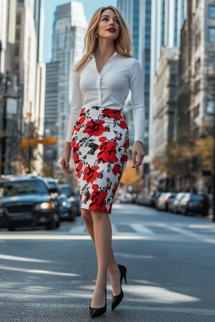 Elegant White Shirt & Red Floral Pencil Skirt Set