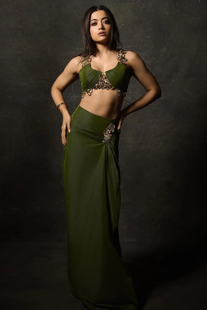 Olive Green Embellished Designer Saree Gown