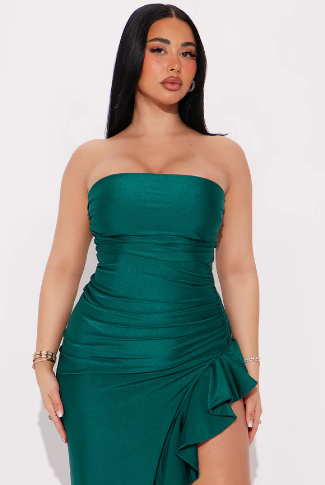 Emerald Cascade Strapless Gown( Dark Green)