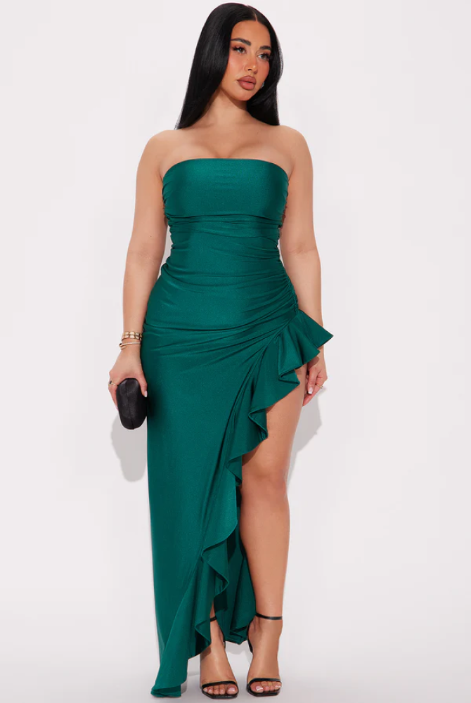 Emerald Cascade Strapless Gown( Dark Green)