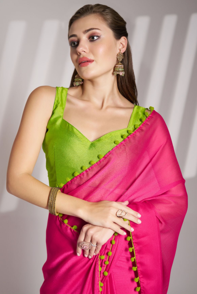 Elegant Pink Saree with Lime Accents