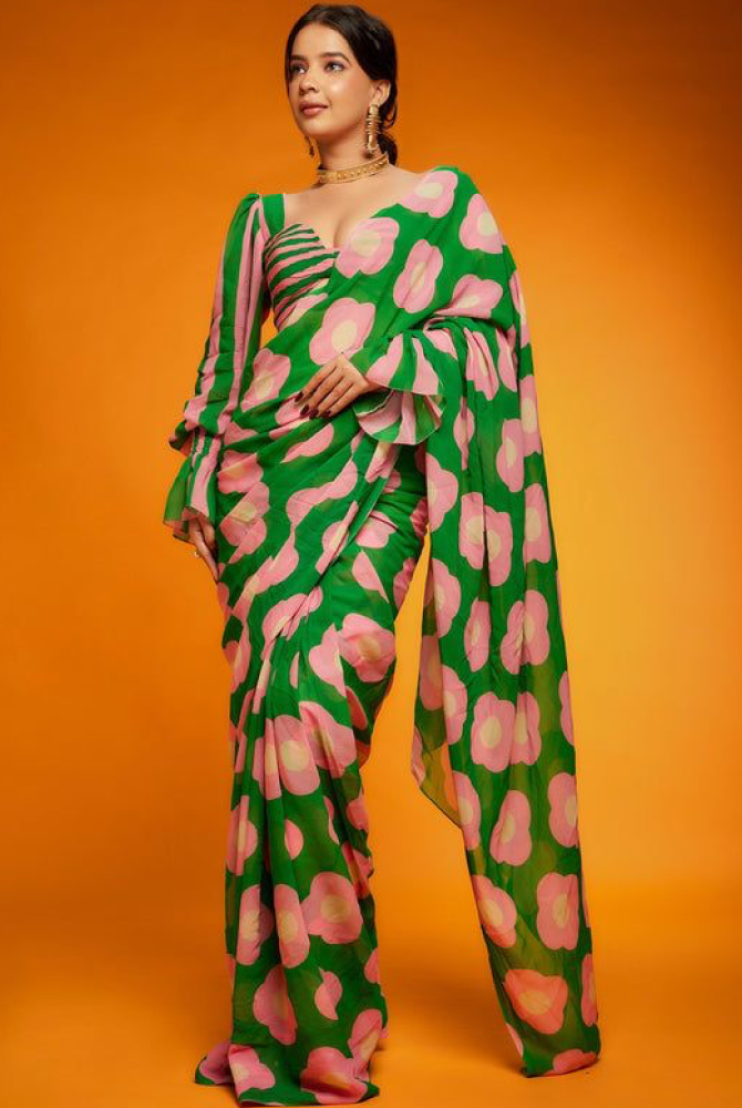 Floral Fantasy Green & Pink Saree