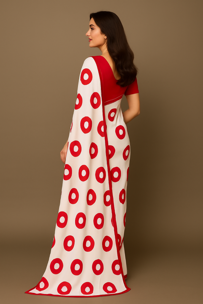 White Saree with Bold Red Circular Polka Print