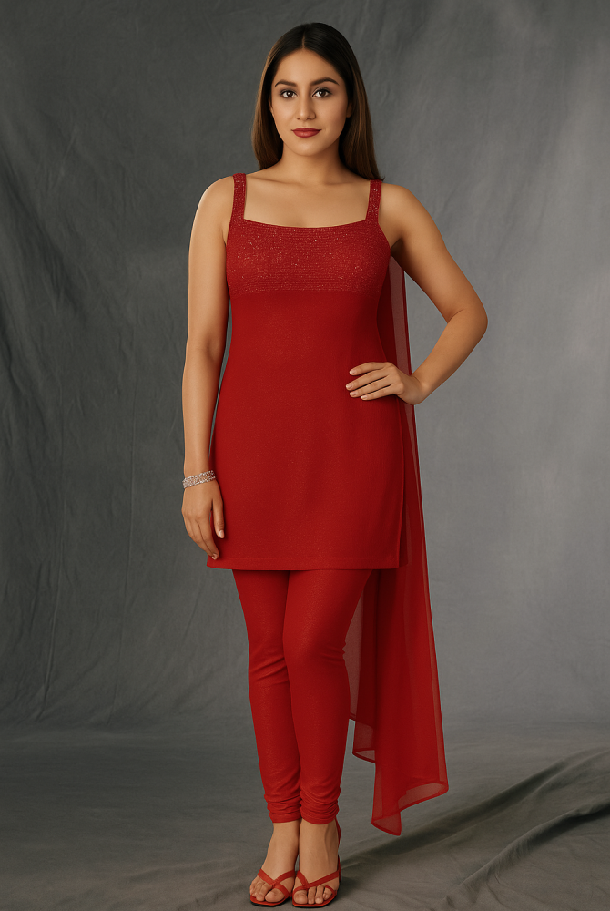 Radiant Red Sleeveless Churidar Suit