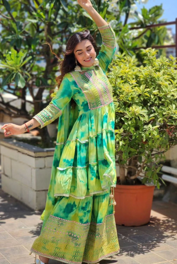Lime Green Tie-Dye Anarkali Sharara Kurta Set
