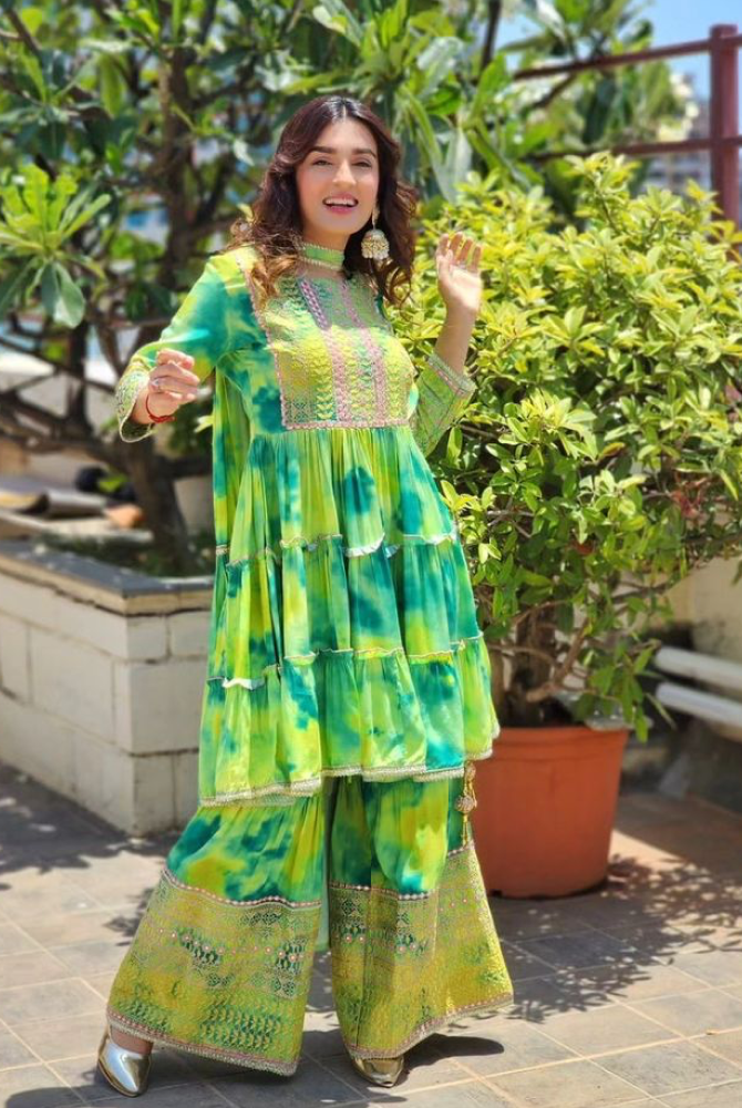 Lime Green Tie-Dye Anarkali Sharara Kurta Set