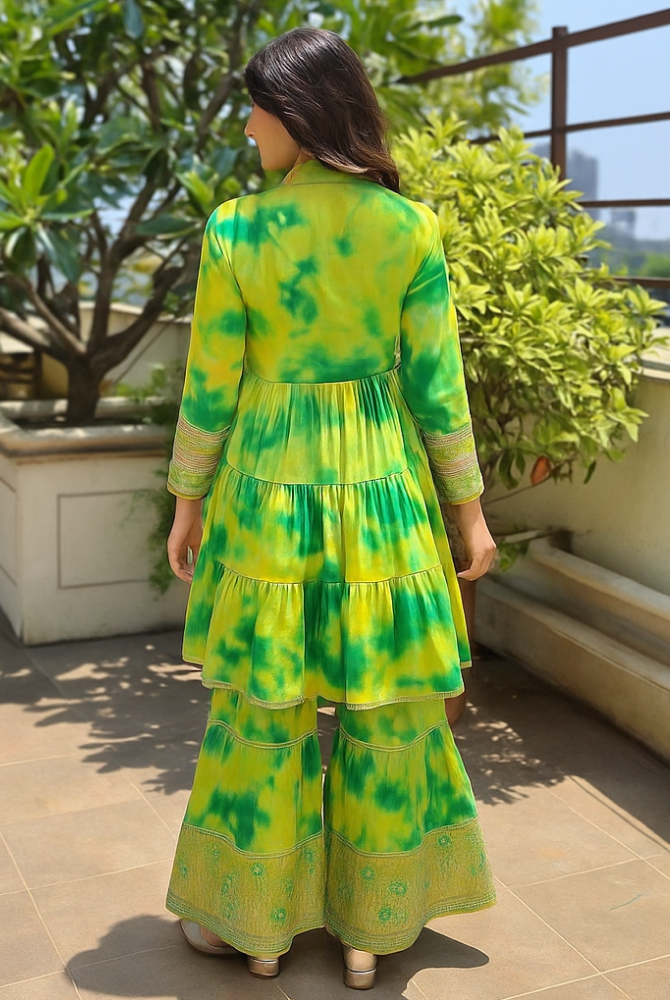 Lime Green Tie-Dye Anarkali Sharara Kurta Set