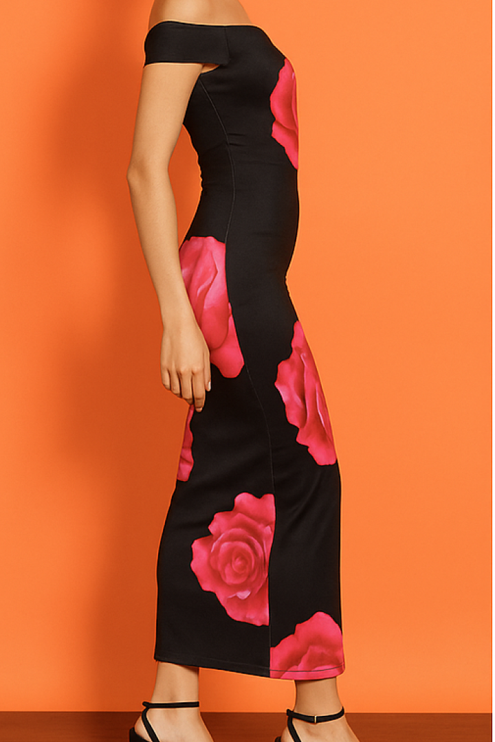 Off-Shoulder Black Bodycon Dress with Pink Rose Print