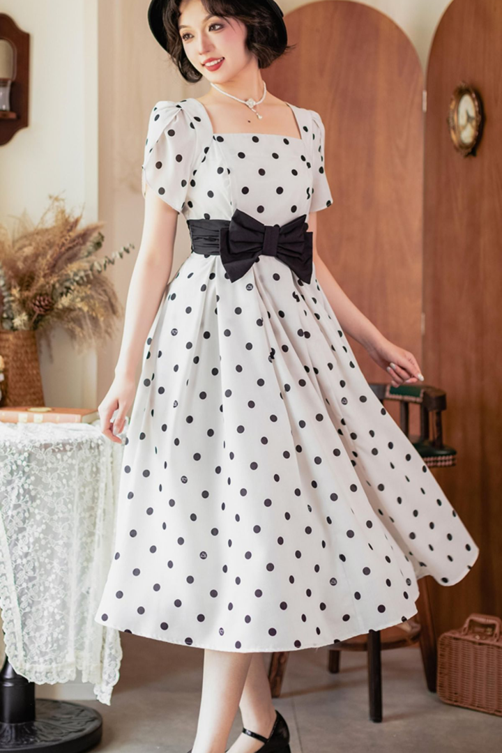 Vintage Polka Dot Midi Dress with Bow Detail