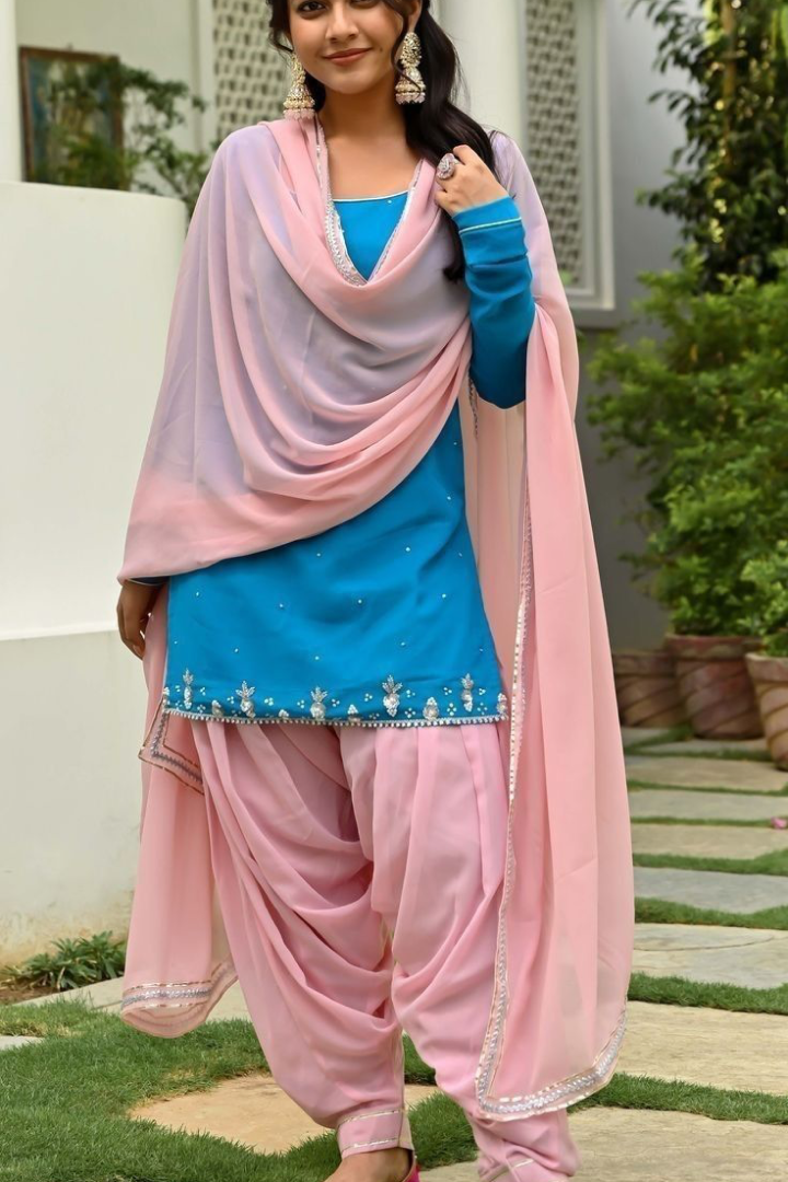 Reem Shaikh inspired Blue and Pink Patiala Salwar Suit Set
