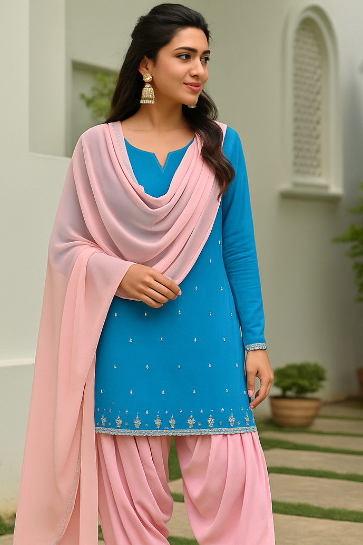Blue and Pink Patiala Salwar Suit Set