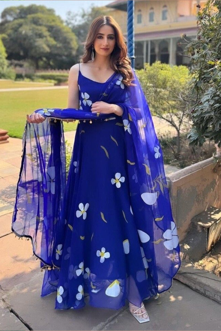 Royal Blue Floral Anarkali Gown with Dupatta
