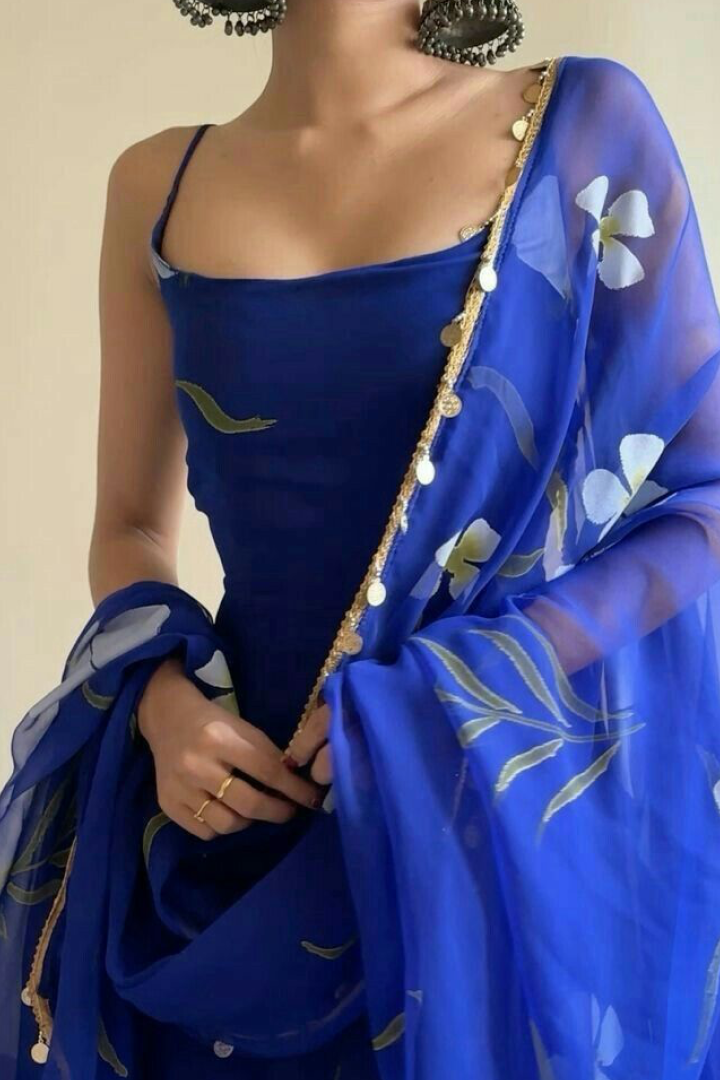 Royal Blue Floral Anarkali Gown with Dupatta