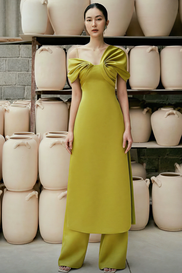 Structured Draped Shoulder Dress with Trousers