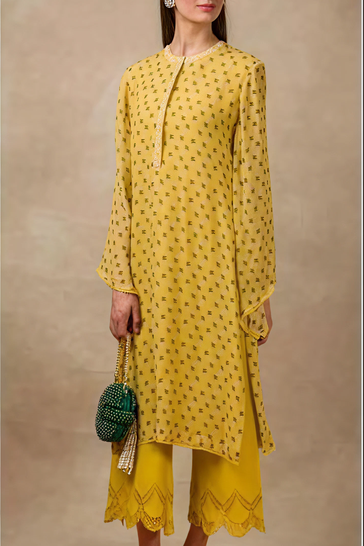 Sunshine Yellow Printed Kurta with Embroidered Palazzo Set