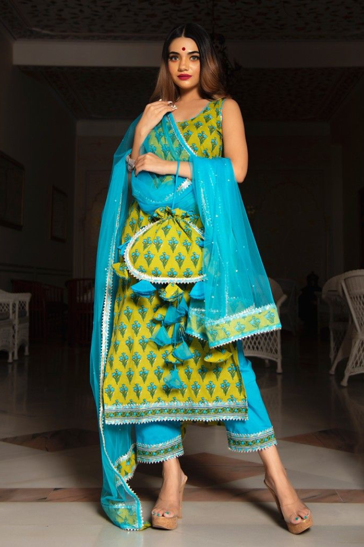 Turquoise and Mustard Handblock Printed Sharara Set with Dupatta & Potli