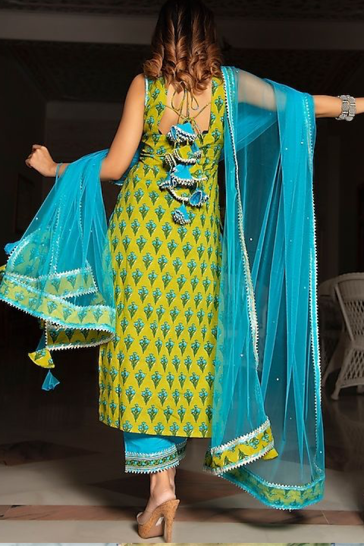 Turquoise and Mustard Handblock Printed Sharara Set with Dupatta & Potli