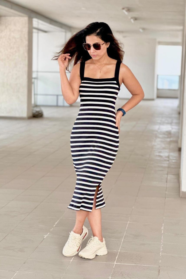 Hina Khan Inspired Monochrome Striped Knit Bodycon Midi Dress