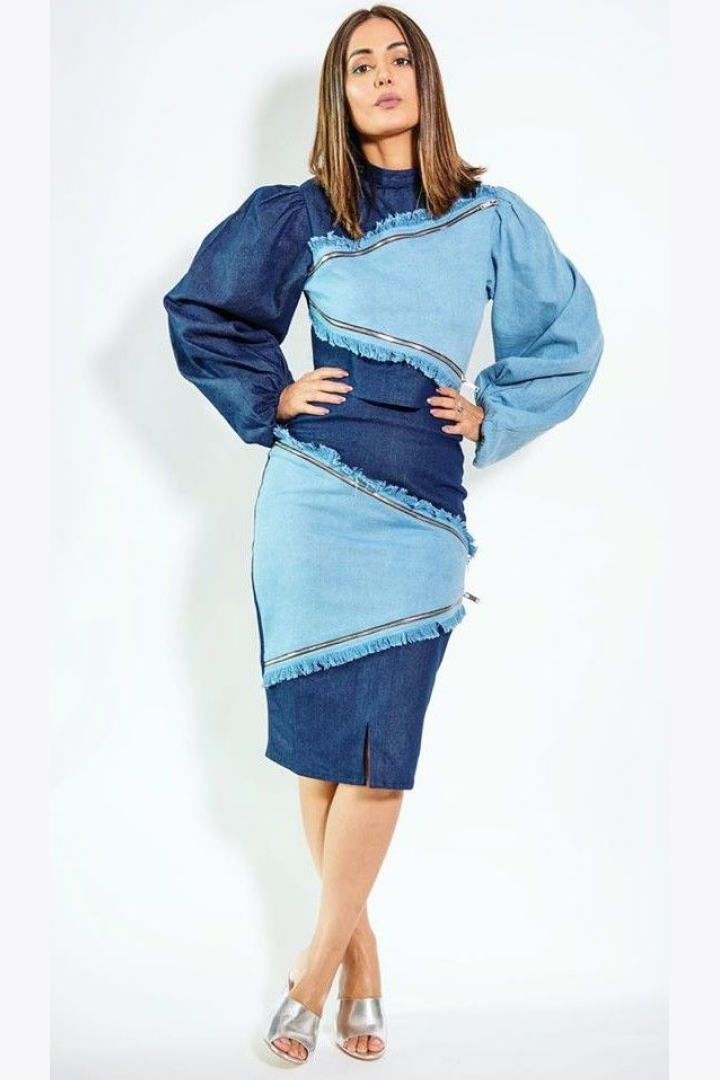 Contrast Panel Fringed Denim Dress