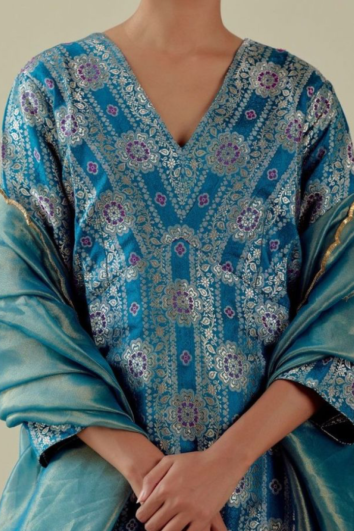 Teal Blue Banarasi Brocade Kurta Set