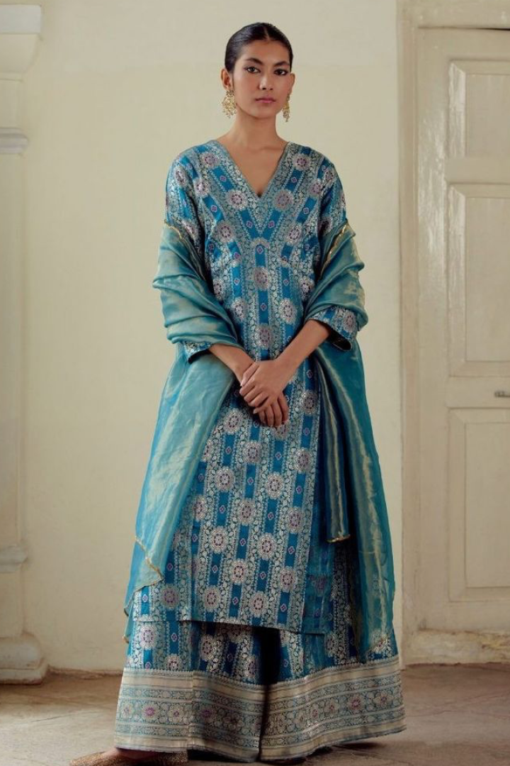 Teal Blue Banarasi Brocade Kurta Set