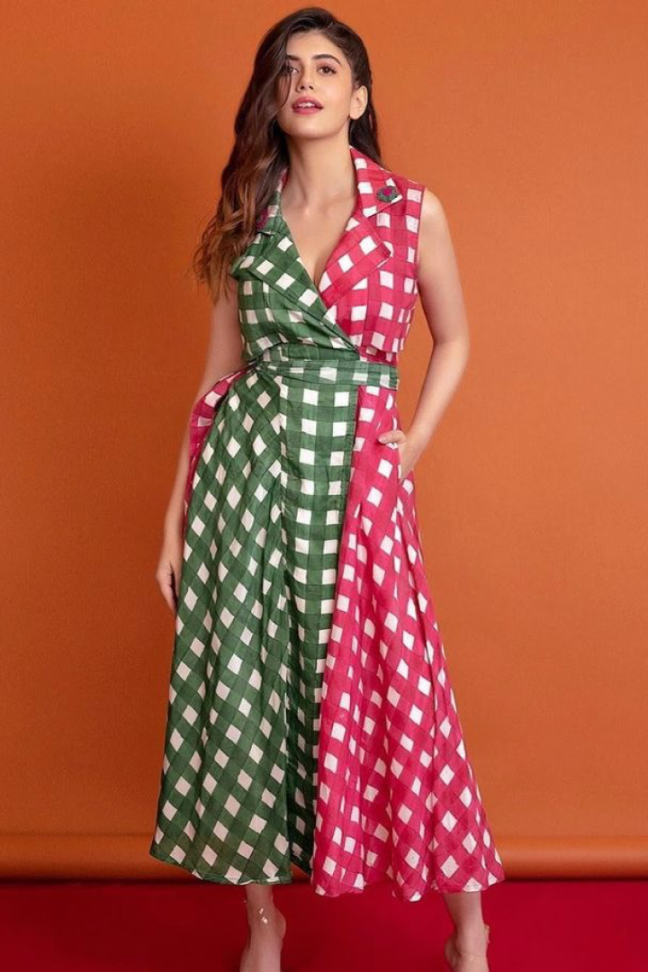 Dual-Tone Checkered Midi  Summer Dress