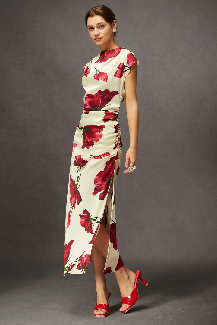 Scarlet Bloom Satin Midi Dress