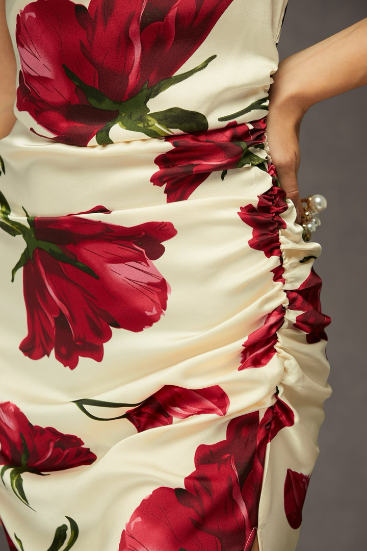 Scarlet Bloom Satin Midi Dress