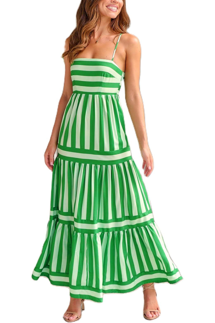 Green & White Striped Tiered Maxi Dress