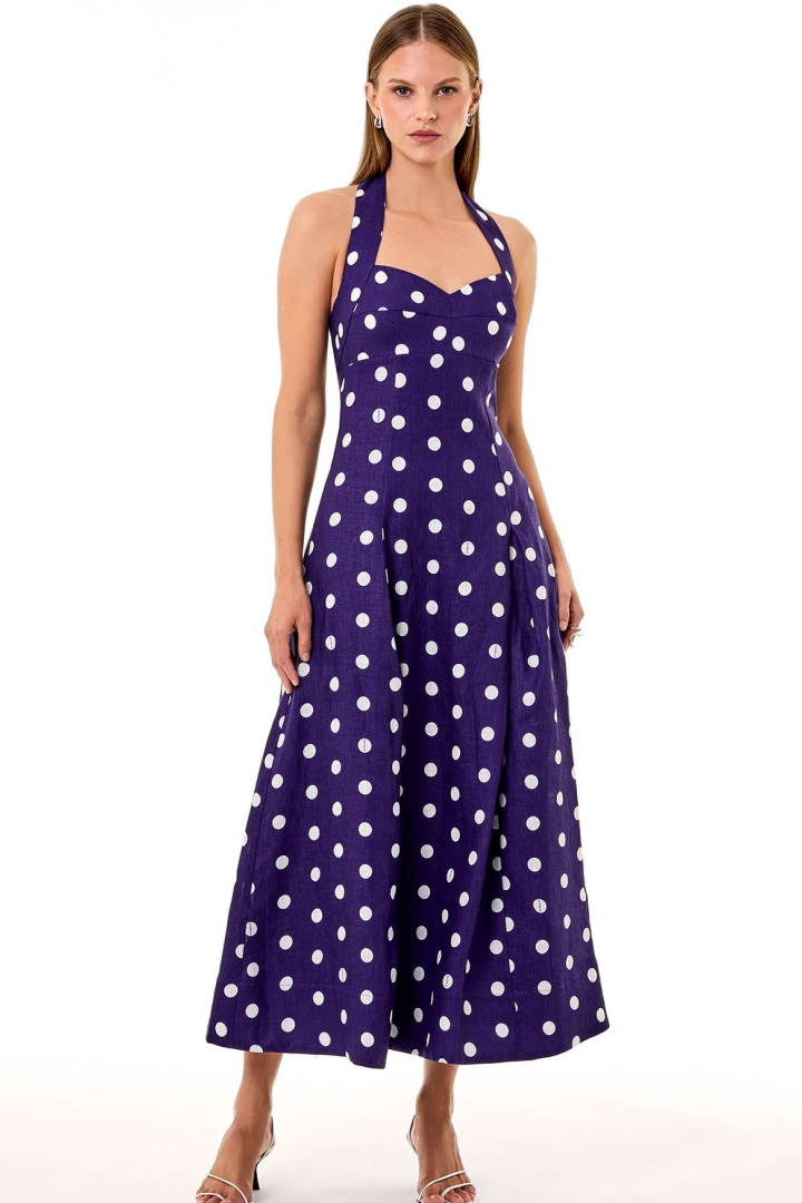 Vintage-Inspired Polka Dot Halter Maxi Dress