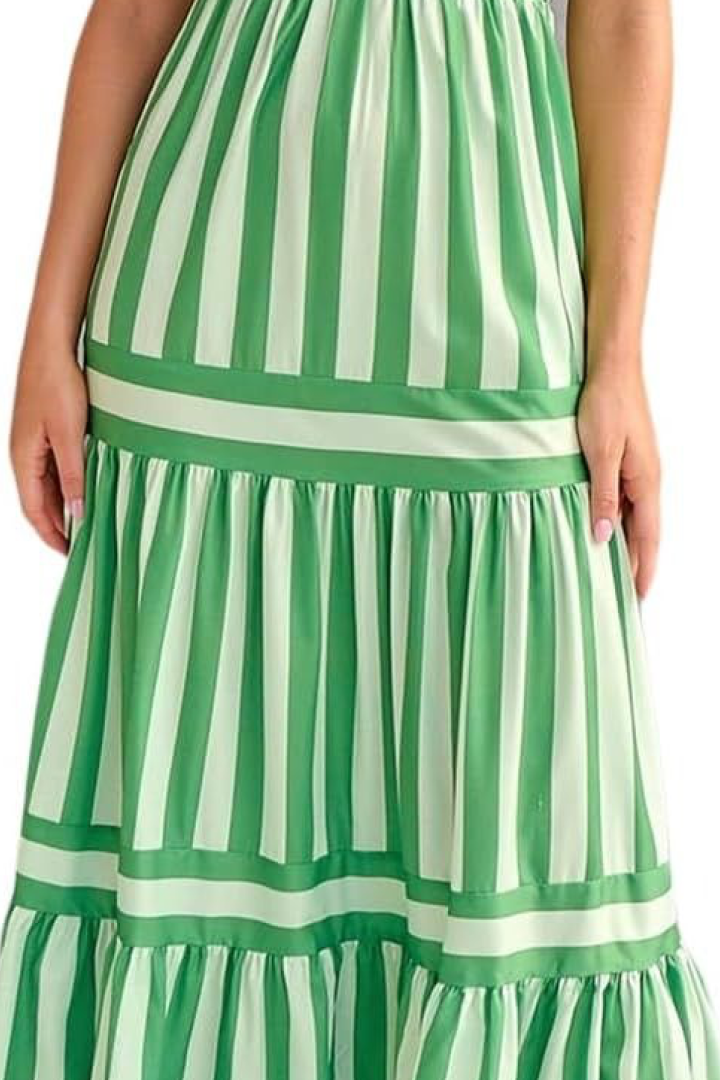 Green & White Striped Tiered Maxi Dress