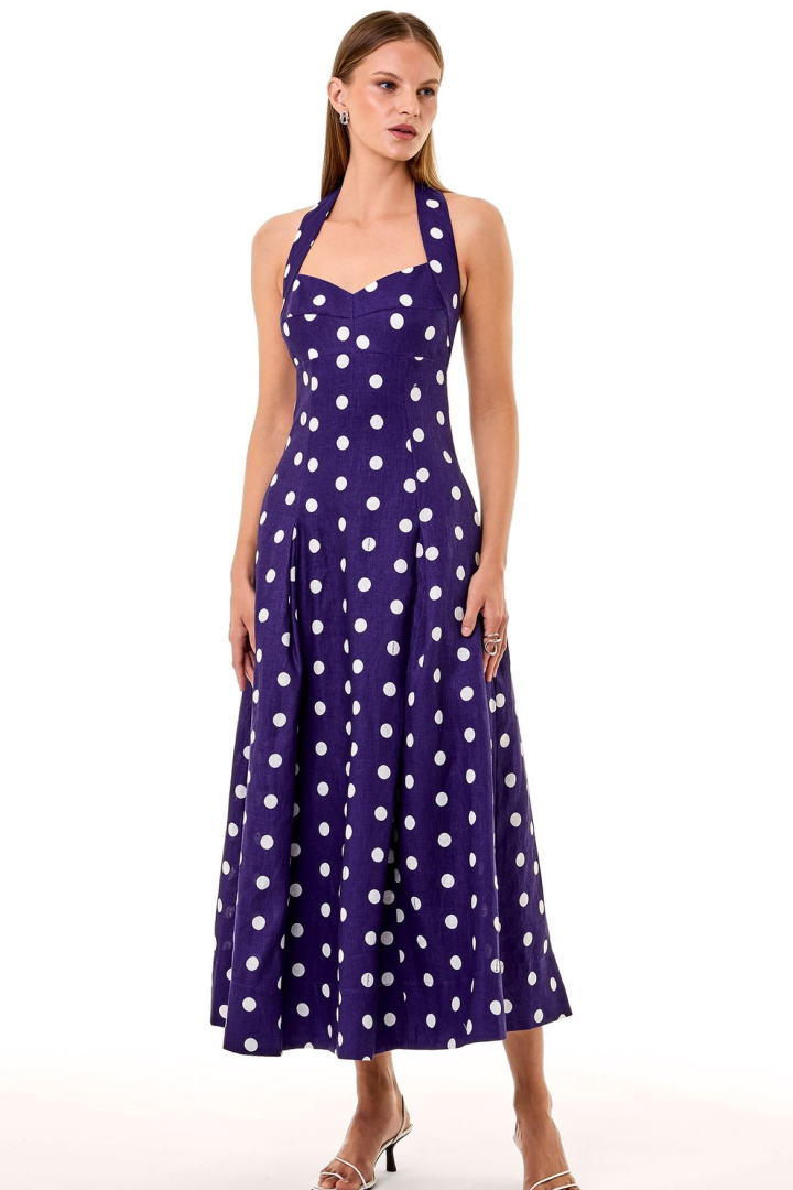 Vintage-Inspired Polka Dot Halter Maxi Dress