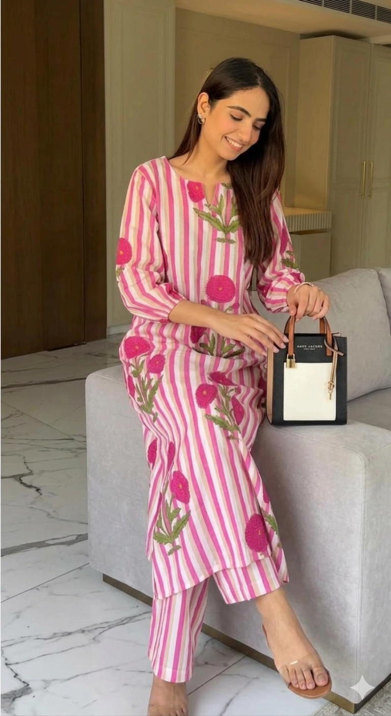 Farah Khan Inspired Blush Bloom Striped Kurta Set